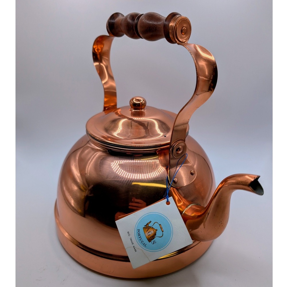 Vtg Tagus Portugal Copper Tea Kettle Wood Handle Stovetop Pot R.53 New Cottage